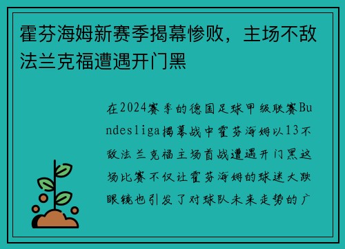 霍芬海姆新赛季揭幕惨败，主场不敌法兰克福遭遇开门黑